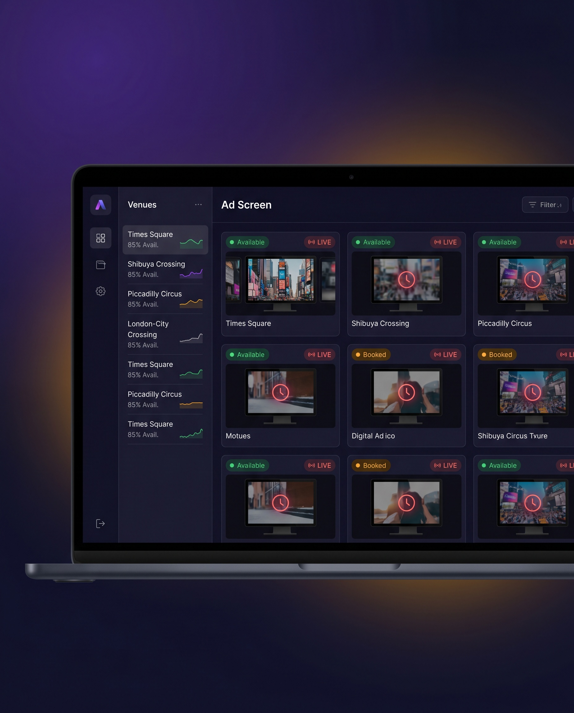 Live availability dashboard showing booked and open screen slots