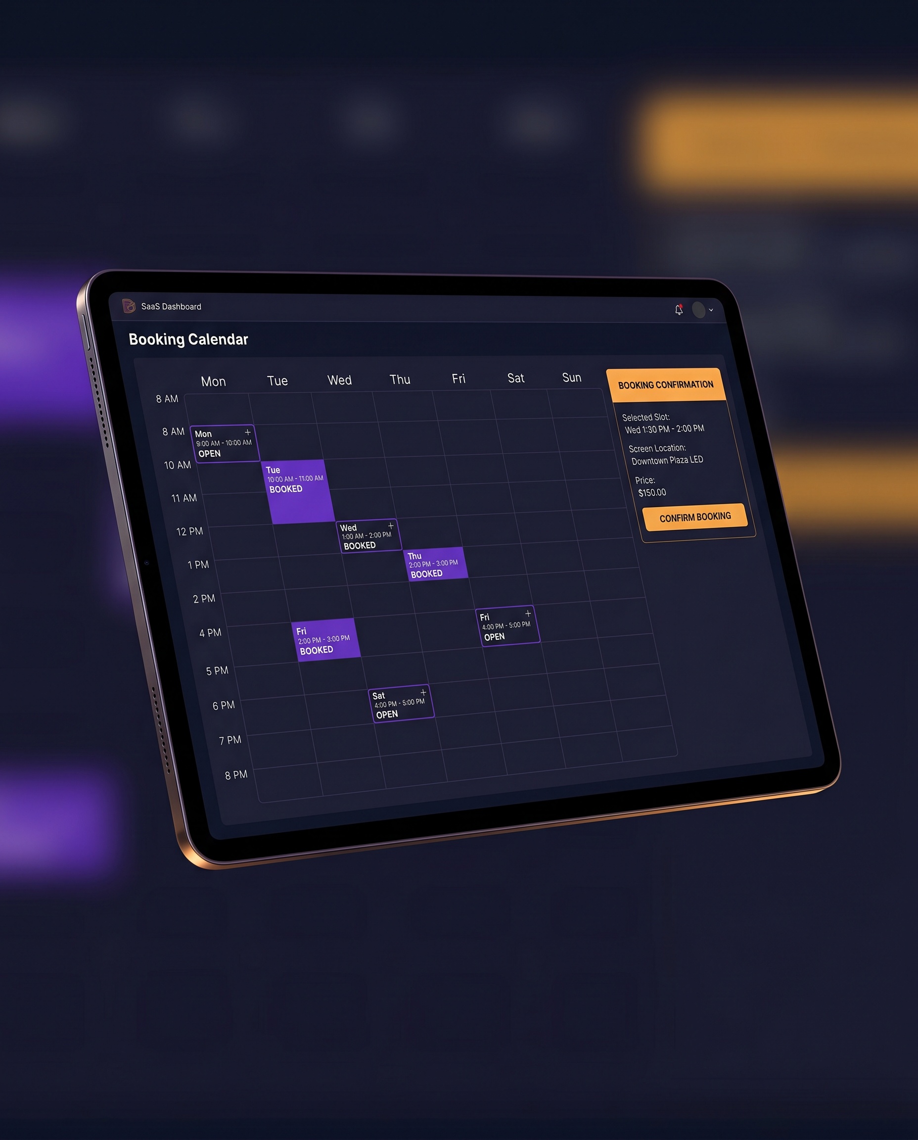 Calendar interface for slot-based screen booking